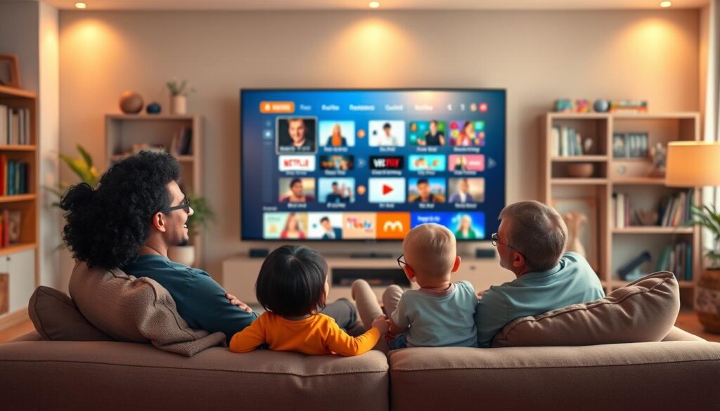 A modern living room featuring a family enjoying IPTV content on a large flat-screen TV. In the foreground, a diverse family of four (parents and two children) is seated on a stylish couch, all smiling and engaged with the show, dressed in casual yet neat clothing. In the middle, the TV displays a vibrant interface showcasing various channels, hints of colorful graphics suggesting legal and compliant streaming options. The background features a cozy setting with soft lighting, tasteful decor, and a bookshelf filled with family-friendly DVDs and games. The overall mood conveys warmth, joy, and the excitement of shared entertainment, emphasizing a sense of community and family togetherness. Use a warm color palette and soft focus to enhance the inviting atmosphere, simulating a well-lit photo taken with a 35mm lens. A modern living room featuring a family enjoying IPTV content on a large flat-screen TV. In the foreground, a diverse family of four (parents and two children) is seated on a stylish couch, all smiling and engaged with the show, dressed in casual yet neat clothing. In the middle, the TV displays a vibrant interface showcasing various channels, hints of colorful graphics suggesting legal and compliant streaming options. The background features a cozy setting with soft lighting, tasteful decor, and a bookshelf filled with family-friendly DVDs and games. The overall mood conveys warmth, joy, and the excitement of shared entertainment, emphasizing a sense of community and family togetherness. Use a warm color palette and soft focus to enhance the inviting atmosphere, simulating a well-lit photo taken with a 35mm lens.