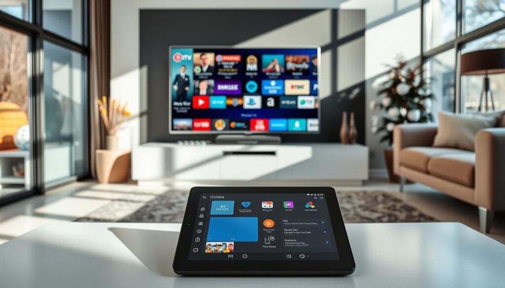 A modern living room featuring a sleek entertainment center with a large flat-screen TV displaying a colorful IPTV interface, showcasing numerous channels and options. In the foreground, a stylish coffee table holds a remote control and a tablet with the TiviMate IPTV Player interface open. Natural light streams in from large windows, casting soft shadows across the room, creating a cozy atmosphere. In the background, a comfortable sofa and tasteful decor enhance the setting. The overall mood is inviting and contemporary, emphasizing the seamless integration of technology in everyday life, with a focus on IPTV services and the TiviMate experience. A modern living room featuring a sleek entertainment center with a large flat-screen TV displaying a colorful IPTV interface, showcasing numerous channels and options. In the foreground, a stylish coffee table holds a remote control and a tablet with the TiviMate IPTV Player interface open. Natural light streams in from large windows, casting soft shadows across the room, creating a cozy atmosphere. In the background, a comfortable sofa and tasteful decor enhance the setting. The overall mood is inviting and contemporary, emphasizing the seamless integration of technology in everyday life, with a focus on IPTV services and the TiviMate experience.