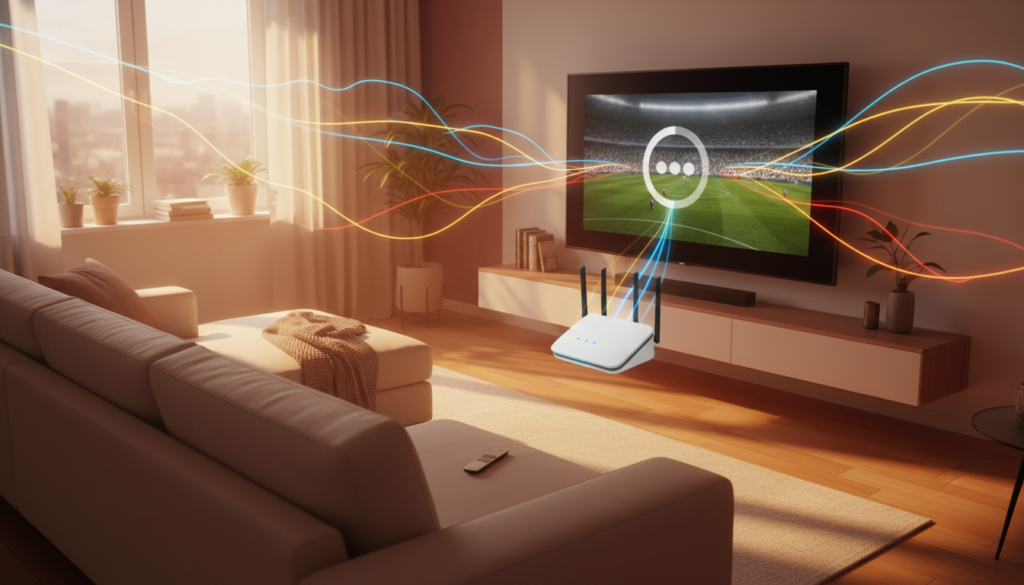 A modern living room featuring a sleek smart TV displaying a buffering symbol, indicating IPTV issues. In the foreground, a Wi-Fi router with glowing LED lights symbolizes active connectivity, surrounded by colorful Wi-Fi signal waves emanating outward. The middle ground includes a cozy couch with a remote control resting on it, creating a relaxed atmosphere. The background showcases a stylish window with bright, natural light streaming in, enhancing the homey feel. Use warm tones to evoke comfort while illustrating a subtle sense of urgency to resolve the buffering problem. Capture the scene from a slightly elevated angle to emphasize the Wi-Fi router and the smart TV, ensuring the focus is on the theme of connectivity and troubleshooting. A modern living room featuring a sleek smart TV displaying a buffering symbol, indicating IPTV issues. In the foreground, a Wi-Fi router with glowing LED lights symbolizes active connectivity, surrounded by colorful Wi-Fi signal waves emanating outward. The middle ground includes a cozy couch with a remote control resting on it, creating a relaxed atmosphere. The background showcases a stylish window with bright, natural light streaming in, enhancing the homey feel. Use warm tones to evoke comfort while illustrating a subtle sense of urgency to resolve the buffering problem. Capture the scene from a slightly elevated angle to emphasize the Wi-Fi router and the smart TV, ensuring the focus is on the theme of connectivity and troubleshooting.