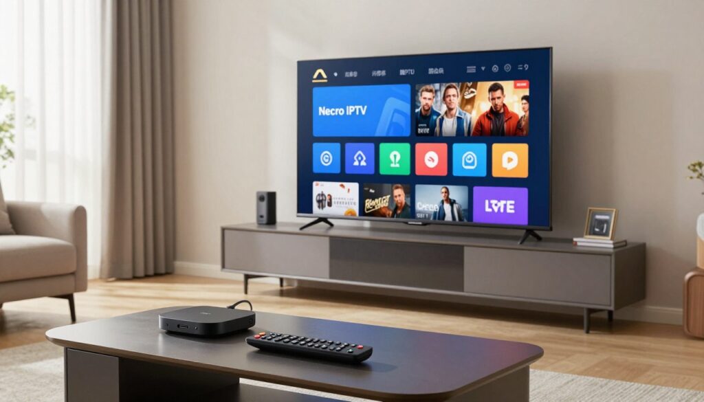 A modern living room featuring a sleek smart TV showcasing a vibrant IPTV interface, emphasizing the "Necro IPTV" service as an affordable option. In the foreground, a stylish coffee table holds a remote control and a few popular streaming device logos. The middle ground features the smart TV on a contemporary media unit, displaying colorful channel icons and a user-friendly layout, creating a visually appealing contrast with the neutral tones of the room. The background includes cozy furniture and soft, natural lighting filtering through sheer curtains, enhancing the inviting atmosphere. A wide-angle perspective captures the entire scene for a comprehensive view, highlighting the ease of use and affordability of the IPTV service. A modern living room featuring a sleek smart TV showcasing a vibrant IPTV interface, emphasizing the "Necro IPTV" service as an affordable option. In the foreground, a stylish coffee table holds a remote control and a few popular streaming device logos. The middle ground features the smart TV on a contemporary media unit, displaying colorful channel icons and a user-friendly layout, creating a visually appealing contrast with the neutral tones of the room. The background includes cozy furniture and soft, natural lighting filtering through sheer curtains, enhancing the inviting atmosphere. A wide-angle perspective captures the entire scene for a comprehensive view, highlighting the ease of use and affordability of the IPTV service.