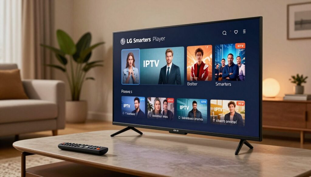 A modern living room featuring an LG Smart TV displaying the IPTV Smarters Player interface, with a remote control in the foreground on a stylish coffee table. The background showcases a cozy couch and some indoor plants, creating a warm and inviting atmosphere. Soft, ambient lighting adds a comfortable glow, highlighting the sleek design of the TV. The scene is captured from a slightly elevated angle to focus on the screen, emphasizing the installation process. The mood is relaxed, suggesting the enjoyment of watching IPTV content. No text or people are present in the image, ensuring a clean and focused visual representation of the IPTV installation process. A modern living room featuring an LG Smart TV displaying the IPTV Smarters Player interface, with a remote control in the foreground on a stylish coffee table. The background showcases a cozy couch and some indoor plants, creating a warm and inviting atmosphere. Soft, ambient lighting adds a comfortable glow, highlighting the sleek design of the TV. The scene is captured from a slightly elevated angle to focus on the screen, emphasizing the installation process. The mood is relaxed, suggesting the enjoyment of watching IPTV content. No text or people are present in the image, ensuring a clean and focused visual representation of the IPTV installation process.