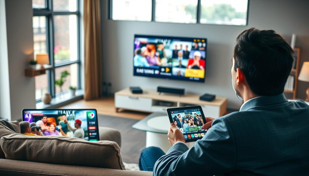 A modern living room featuring multiple devices streaming Internet Protocol Television (IPTV), including a smart TV, tablet, and smartphone prominently displayed. In the foreground, a comfortable sofa invites viewers, with a person in professional business attire calmly enjoying content on the TV. The middle ground showcases vibrant, high-definition images from various IPTV services on each device's screen, representing a variety of genres such as sports, movies, and news. In the background, a subtle bookshelf and stylish decor reflect a contemporary home environment. The lighting is warm and inviting, with natural light filtering through large windows, creating a relaxed yet high-tech atmosphere. Shot from a slightly elevated angle, emphasizing the full scene while retaining focus on the IPTV content and user experience. A modern living room featuring multiple devices streaming Internet Protocol Television (IPTV), including a smart TV, tablet, and smartphone prominently displayed. In the foreground, a comfortable sofa invites viewers, with a person in professional business attire calmly enjoying content on the TV. The middle ground showcases vibrant, high-definition images from various IPTV services on each device's screen, representing a variety of genres such as sports, movies, and news. In the background, a subtle bookshelf and stylish decor reflect a contemporary home environment. The lighting is warm and inviting, with natural light filtering through large windows, creating a relaxed yet high-tech atmosphere. Shot from a slightly elevated angle, emphasizing the full scene while retaining focus on the IPTV content and user experience.