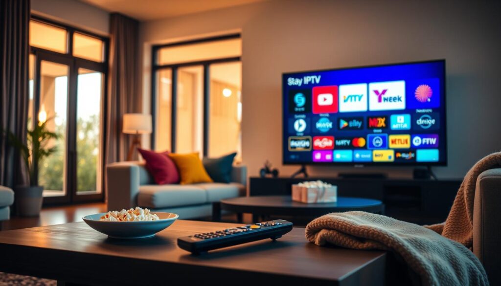 A modern living room scene featuring a sleek television displaying various IPTV streaming service icons, such as vibrant logos and graphics. In the foreground, a stylish coffee table holds a remote control and a bowl of popcorn, suggesting a cozy movie night atmosphere. The middle ground includes a comfortable sofa with colorful throw pillows, and a soft throw blanket draped over one side. In the background, large windows allow warm, natural light to fill the space, creating an inviting and relaxed mood. The angle is slightly elevated, showcasing the entirety of the room. The overall color palette is warm and inviting, enhancing the sense of home and entertainment. A modern living room scene featuring a sleek television displaying various IPTV streaming service icons, such as vibrant logos and graphics. In the foreground, a stylish coffee table holds a remote control and a bowl of popcorn, suggesting a cozy movie night atmosphere. The middle ground includes a comfortable sofa with colorful throw pillows, and a soft throw blanket draped over one side. In the background, large windows allow warm, natural light to fill the space, creating an inviting and relaxed mood. The angle is slightly elevated, showcasing the entirety of the room. The overall color palette is warm and inviting, enhancing the sense of home and entertainment.
