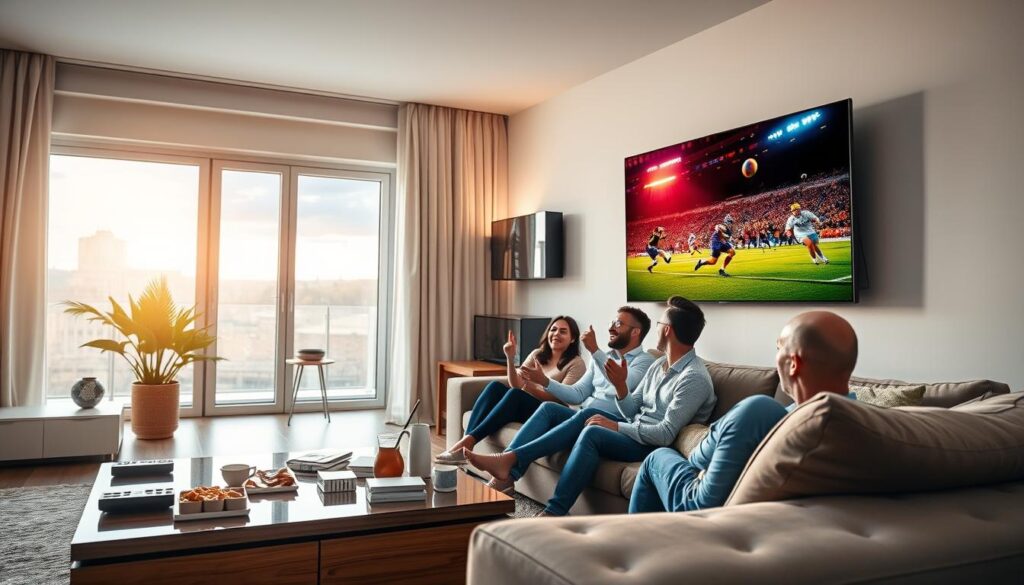 A modern living room scene focusing on an advanced television displaying a vibrant live sports game, like hockey or football, showcasing dynamic action. In the foreground, a sleek smart TV is mounted on the wall, with clear graphics and vivid colors emanating from the screen, capturing the excitement of the game. To the left, a stylish coffee table holds remote controls, snacks, and beverages, enhancing the casual yet engaging atmosphere. The middle-ground features a cozy sofa with a family relaxed, dressed in casual attire, cheering joyfully at the TV. The background includes an open window allowing natural light to filter in, casting a warm glow across the room. The overall mood is energetic and inviting, perfect for sports enthusiasts enjoying IPTV's capabilities. A modern living room scene focusing on an advanced television displaying a vibrant live sports game, like hockey or football, showcasing dynamic action. In the foreground, a sleek smart TV is mounted on the wall, with clear graphics and vivid colors emanating from the screen, capturing the excitement of the game. To the left, a stylish coffee table holds remote controls, snacks, and beverages, enhancing the casual yet engaging atmosphere. The middle-ground features a cozy sofa with a family relaxed, dressed in casual attire, cheering joyfully at the TV. The background includes an open window allowing natural light to filter in, casting a warm glow across the room. The overall mood is energetic and inviting, perfect for sports enthusiasts enjoying IPTV's capabilities.