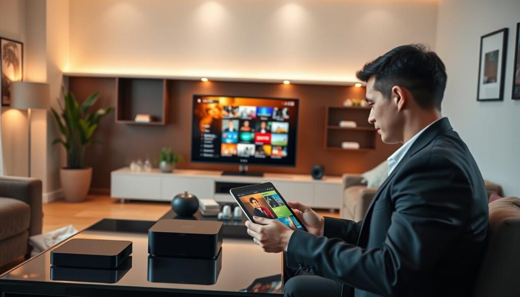 A modern living room setting designed for entertainment, showcasing an elegant coffee table with a sleek IPTV device and a tablet displaying a vibrant digital playlist interface. In the foreground, a person, dressed in smart casual attire, browses the playlist on the tablet, their face illuminated by soft, warm lighting. In the middle, a large flat-screen TV features a colorful IPTV channel guide on the screen, while comfortable couches and decorative plants create a cozy atmosphere. The background includes subtle wall art and inviting lighting that enhances the room's ambiance, suggesting relaxation and enjoyment in watching channels. The image captures a sense of anticipation and excitement, reflecting modern home entertainment. A modern living room setting designed for entertainment, showcasing an elegant coffee table with a sleek IPTV device and a tablet displaying a vibrant digital playlist interface. In the foreground, a person, dressed in smart casual attire, browses the playlist on the tablet, their face illuminated by soft, warm lighting. In the middle, a large flat-screen TV features a colorful IPTV channel guide on the screen, while comfortable couches and decorative plants create a cozy atmosphere. The background includes subtle wall art and inviting lighting that enhances the room's ambiance, suggesting relaxation and enjoyment in watching channels. The image captures a sense of anticipation and excitement, reflecting modern home entertainment.