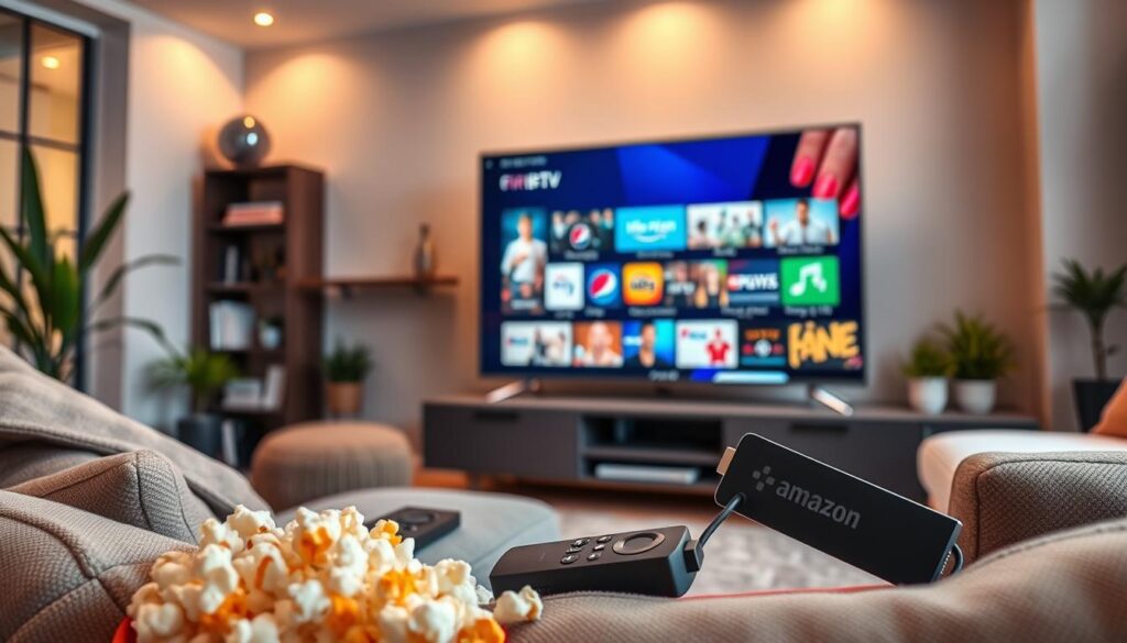 A modern living room setting featuring a sleek Amazon Firestick plugged into a large flat-screen TV, displaying an array of vibrant IPTV channels on the screen. The foreground includes a cozy couch with remote controls and popcorn, giving a relaxed atmosphere. In the middle, the TV screen shows colorful streaming interfaces, with vivid images depicting movies, sports, and music channels. The background presents soft, warm lighting that enhances the inviting mood of the room, with decorative elements such as plants and bookshelves. The angle captures the scene from a slightly elevated perspective, creating a dynamic view that emphasizes the entertainment experience. The overall ambiance is cozy and tech-savvy, highlighting the joy of streaming with IPTV on a Firestick. A modern living room setting featuring a sleek Amazon Firestick plugged into a large flat-screen TV, displaying an array of vibrant IPTV channels on the screen. The foreground includes a cozy couch with remote controls and popcorn, giving a relaxed atmosphere. In the middle, the TV screen shows colorful streaming interfaces, with vivid images depicting movies, sports, and music channels. The background presents soft, warm lighting that enhances the inviting mood of the room, with decorative elements such as plants and bookshelves. The angle captures the scene from a slightly elevated perspective, creating a dynamic view that emphasizes the entertainment experience. The overall ambiance is cozy and tech-savvy, highlighting the joy of streaming with IPTV on a Firestick.