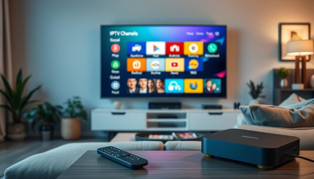 A modern living room setting featuring a sleek, contemporary IPTV device next to a smart TV displaying a vibrant channel selection interface. In the foreground, there's a cozy sofa with a remote control resting on a coffee table. The middle layer showcases a large wall-mounted TV with colorful icons representing various IPTV channels, emphasizing user-friendly navigation. In the background, soft ambient lighting creates a warm atmosphere, with decorative accents like plants and artwork enhancing the space. The scene captures a relaxed yet engaging mood, inviting viewers to discover the best features of IPTV subscriptions for a seamless viewing experience. The composition is shot from a slightly elevated angle, ensuring a comprehensive view of the interactive display.