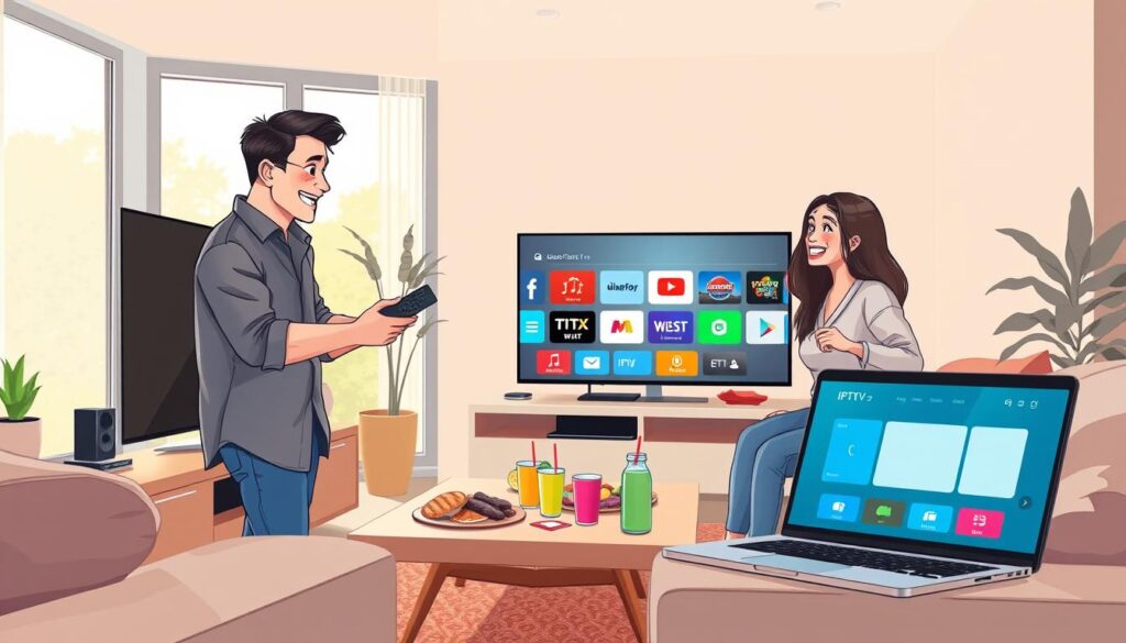 A modern living room setting with a family gathered around a sleek, flat-screen TV, joyfully engaging with a user-friendly IPTV setup. In the foreground, a father in a smart casual shirt is connecting a streaming device to the TV, while a mother in casual attire holds a remote control, excitedly discussing the various channels. The middle ground features a stylish coffee table adorned with snacks and drinks, with a laptop displaying a vibrant IPTV interface nearby. In the background, large windows allow soft, natural light to filter in, creating a warm and inviting atmosphere. The overall mood is cheerful and harmonious, conveying a sense of ease and instant activation of the IPTV service. The image composition is taken from a slightly elevated angle, emphasizing the family dynamic and modern technology integration. A modern living room setting with a family gathered around a sleek, flat-screen TV, joyfully engaging with a user-friendly IPTV setup. In the foreground, a father in a smart casual shirt is connecting a streaming device to the TV, while a mother in casual attire holds a remote control, excitedly discussing the various channels. The middle ground features a stylish coffee table adorned with snacks and drinks, with a laptop displaying a vibrant IPTV interface nearby. In the background, large windows allow soft, natural light to filter in, creating a warm and inviting atmosphere. The overall mood is cheerful and harmonious, conveying a sense of ease and instant activation of the IPTV service. The image composition is taken from a slightly elevated angle, emphasizing the family dynamic and modern technology integration.