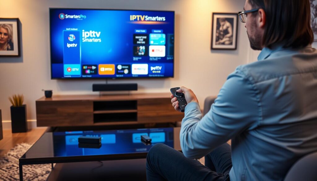A modern living room setting with a sleek coffee table and a large flat-screen television displaying the IPTV Smarters Pro interface. In the foreground, a person in professional casual attire is intently navigating the IPTV application using a remote control, with a focused expression, showcasing the installation process. In the middle ground, the Firestick device is visible connected to the back of the TV, emphasizing the theme of streaming. Soft, warm lighting enhances the inviting atmosphere of the room, making it feel cozy and suitable for entertainment. On the walls, subtle decorations like framed art add a touch of personality without distracting from the central theme. The angle is slightly elevated, capturing both the person’s engagement and the television display effectively. A modern living room setting with a sleek coffee table and a large flat-screen television displaying the IPTV Smarters Pro interface. In the foreground, a person in professional casual attire is intently navigating the IPTV application using a remote control, with a focused expression, showcasing the installation process. In the middle ground, the Firestick device is visible connected to the back of the TV, emphasizing the theme of streaming. Soft, warm lighting enhances the inviting atmosphere of the room, making it feel cozy and suitable for entertainment. On the walls, subtle decorations like framed art add a touch of personality without distracting from the central theme. The angle is slightly elevated, capturing both the person’s engagement and the television display effectively.