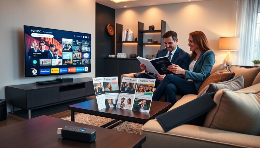 A modern living room showcasing an affordable IPTV setup for Firestick. In the foreground, a sleek TV displaying vibrant streaming content, with the Firestick prominently connected. A comfortable sofa is occupied by two individuals in professional attire, eagerly comparing IPTV and traditional cable options on a digital tablet. In the middle, a stylish coffee table holds pamphlets illustrating IPTV services, contrasting traditional cable brochures. The background features a cozy ambiance with soft lighting, warm colors, and minimalistic decor, including shelves with entertainment-related items. The overall atmosphere is inviting and tech-savvy, emphasizing the ease and advantages of IPTV services over traditional cable.