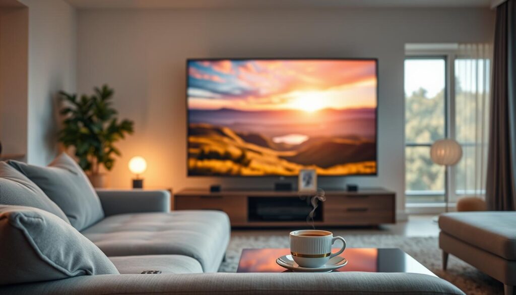 A modern living room with a large, high-definition TV displaying a vibrant, glitch-free streaming interface. The foreground features a stylish couch with a remote control on the armrest, and a steaming cup of coffee on a sleek coffee table. In the middle, the TV showcases a vivid landscape movie scene with bright colors and smooth motion, illustrating high streaming quality. Soft, warm lighting fills the room, creating an inviting atmosphere. The background features a window with natural sunlight filtering in, enhancing the cozy vibe. The overall mood is one of comfort and reliability, emphasizing seamless entertainment. A modern living room with a large, high-definition TV displaying a vibrant, glitch-free streaming interface. The foreground features a stylish couch with a remote control on the armrest, and a steaming cup of coffee on a sleek coffee table. In the middle, the TV showcases a vivid landscape movie scene with bright colors and smooth motion, illustrating high streaming quality. Soft, warm lighting fills the room, creating an inviting atmosphere. The background features a window with natural sunlight filtering in, enhancing the cozy vibe. The overall mood is one of comfort and reliability, emphasizing seamless entertainment.