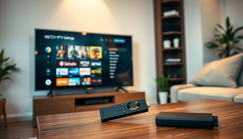A modern living room with a sleek black television displaying an IPTV app interface on the screen, showcasing vibrant channels and user-friendly navigation. In the foreground, a stylish Firestick remote rests on a wooden coffee table. Soft, ambient lighting creates a warm and inviting atmosphere, enhancing the cozy room decor with minimalist furnishings and a plush sofa. The background features a wall-mounted shelf with various streaming devices and a potted plant, adding a touch of greenery. The scene is captured from a slightly tilted angle to emphasize the television and remote, creating an engaging visual that reflects the theme of configuring IPTV settings in a contemporary setting. A modern living room with a sleek black television displaying an IPTV app interface on the screen, showcasing vibrant channels and user-friendly navigation. In the foreground, a stylish Firestick remote rests on a wooden coffee table. Soft, ambient lighting creates a warm and inviting atmosphere, enhancing the cozy room decor with minimalist furnishings and a plush sofa. The background features a wall-mounted shelf with various streaming devices and a potted plant, adding a touch of greenery. The scene is captured from a slightly tilted angle to emphasize the television and remote, creating an engaging visual that reflects the theme of configuring IPTV settings in a contemporary setting.