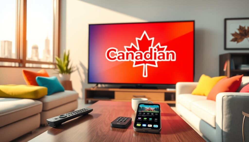A modern living room with a sleek, large-screen television displaying a vibrant Canadian channel's logo, creating a focal point. In the foreground, a stylish coffee table holds a remote control and a smartphone with an IPTV app interface visible, along with a cup of coffee. The middle layer features a comfortable sofa with colorful cushions, while a window behind offers a view of a Canadian skyline, hinting at the essence of Canadian culture. Soft natural lighting fills the room, enhancing a cozy yet tech-savvy atmosphere. The angle of the shot should be slightly elevated, capturing both the TV and the inviting ambiance of the space, reflecting a blend of entertainment and relaxation. A modern living room with a sleek, large-screen television displaying a vibrant Canadian channel's logo, creating a focal point. In the foreground, a stylish coffee table holds a remote control and a smartphone with an IPTV app interface visible, along with a cup of coffee. The middle layer features a comfortable sofa with colorful cushions, while a window behind offers a view of a Canadian skyline, hinting at the essence of Canadian culture. Soft natural lighting fills the room, enhancing a cozy yet tech-savvy atmosphere. The angle of the shot should be slightly elevated, capturing both the TV and the inviting ambiance of the space, reflecting a blend of entertainment and relaxation.
