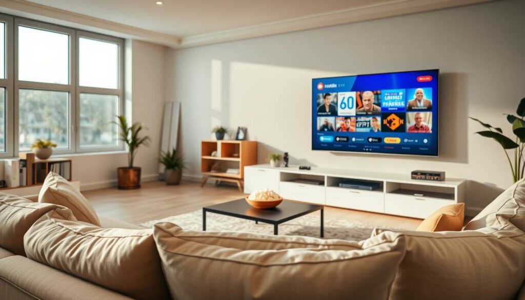 A modern living room with a sleek, minimalist design, featuring a large flat-screen TV displaying vibrant streaming content. In the foreground, a comfortable sofa with neutral-toned cushions invites relaxation. To the left, a stylish coffee table holds a remote control and a bowl of popcorn. The middle ground includes a decorative bookshelf with a few art pieces and plants, creating a cozy atmosphere. Large windows in the background let in soft, natural light, illuminating the space. The overall mood is warm and inviting, reflecting a sense of reliability and comfort in enjoying quality IPTV services. The image should have a clear focus, with soft shadows and a depth of field effect to enhance the visual appeal. A modern living room with a sleek, minimalist design, featuring a large flat-screen TV displaying vibrant streaming content. In the foreground, a comfortable sofa with neutral-toned cushions invites relaxation. To the left, a stylish coffee table holds a remote control and a bowl of popcorn. The middle ground includes a decorative bookshelf with a few art pieces and plants, creating a cozy atmosphere. Large windows in the background let in soft, natural light, illuminating the space. The overall mood is warm and inviting, reflecting a sense of reliability and comfort in enjoying quality IPTV services. The image should have a clear focus, with soft shadows and a depth of field effect to enhance the visual appeal.