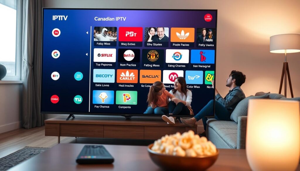 A modern living room with a sleek television displaying various IPTV menu options, illustrating a diverse range of channels available to Canadians. In the foreground, a stylish coffee table with a bowl of popcorn and a remote control. The middle ground features a comfortable couch with cushions, where a family of four, dressed in casual yet stylish attire, is captivated by the screen, showcasing their engagement with the IPTV service. The background depicts a bright window letting in natural light, enhancing the cozy atmosphere. Soft ambient lighting from a lamp creates a warm and inviting mood, suggesting the comforts of home entertainment. The composition is shot from a slightly elevated angle, emphasizing the connection between family and technology while maintaining a professional and clean look. A modern living room with a sleek television displaying various IPTV menu options, illustrating a diverse range of channels available to Canadians. In the foreground, a stylish coffee table with a bowl of popcorn and a remote control. The middle ground features a comfortable couch with cushions, where a family of four, dressed in casual yet stylish attire, is captivated by the screen, showcasing their engagement with the IPTV service. The background depicts a bright window letting in natural light, enhancing the cozy atmosphere. Soft ambient lighting from a lamp creates a warm and inviting mood, suggesting the comforts of home entertainment. The composition is shot from a slightly elevated angle, emphasizing the connection between family and technology while maintaining a professional and clean look.