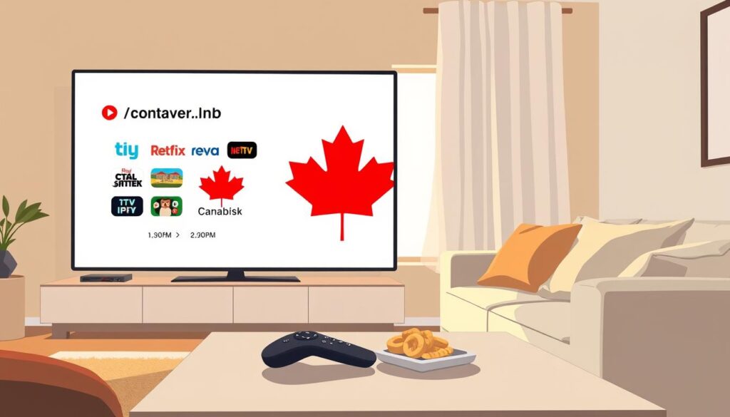 A modern, sleek living room featuring a high-definition television prominently displaying Canadian channels via IPTV service. In the foreground, a stylish coffee table with a remote control and snacks for a cozy viewing experience. The middle ground showcases an inviting couch with plush pillows, set against a neutral color palette. Warm, soft lighting enhances the atmosphere, creating a welcoming ambiance perfect for watching TV. The background features a window with soft curtains allowing natural light to filter in, adding a touch of comfort. The scene conveys relaxation and enjoyment, capturing the essence of using an IPTV service for entertainment at home. A modern, sleek living room featuring a high-definition television prominently displaying Canadian channels via IPTV service. In the foreground, a stylish coffee table with a remote control and snacks for a cozy viewing experience. The middle ground showcases an inviting couch with plush pillows, set against a neutral color palette. Warm, soft lighting enhances the atmosphere, creating a welcoming ambiance perfect for watching TV. The background features a window with soft curtains allowing natural light to filter in, adding a touch of comfort. The scene conveys relaxation and enjoyment, capturing the essence of using an IPTV service for entertainment at home.