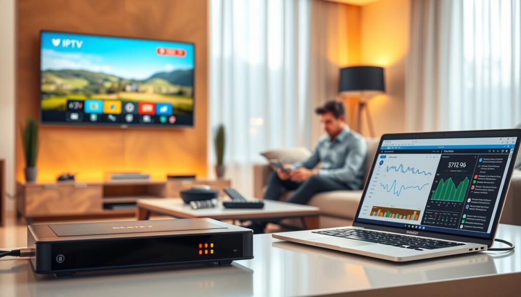 A modern, sleek living room featuring a high-performance smart TV displaying a vibrant IPTV interface with clear video quality. In the foreground, a set-top box with LED indicators is visible, suggesting active connectivity. A laptop with diagnostic software open sits on a coffee table, showing network analysis graphs. The middle ground includes a comfortable couch with a person in smart casual attire troubleshooting devices, surrounded by tech accessories like remotes and cables. In the background, warm ambient lighting highlights the room, promoting a cozy atmosphere. Use a shallow depth of field to keep the focus on the troubleshooting tools while softly blurring the background. The overall mood conveys a sense of innovation and problem-solving in a home entertainment setting. A modern, sleek living room featuring a high-performance smart TV displaying a vibrant IPTV interface with clear video quality. In the foreground, a set-top box with LED indicators is visible, suggesting active connectivity. A laptop with diagnostic software open sits on a coffee table, showing network analysis graphs. The middle ground includes a comfortable couch with a person in smart casual attire troubleshooting devices, surrounded by tech accessories like remotes and cables. In the background, warm ambient lighting highlights the room, promoting a cozy atmosphere. Use a shallow depth of field to keep the focus on the troubleshooting tools while softly blurring the background. The overall mood conveys a sense of innovation and problem-solving in a home entertainment setting.