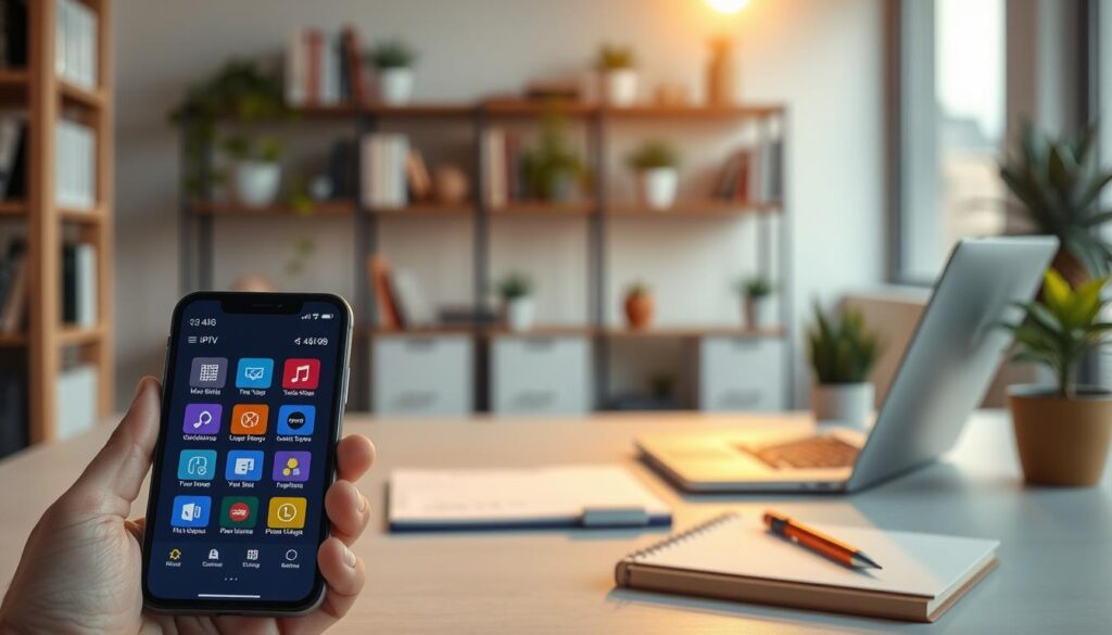 A modern smartphone displaying the IPTV Smarters Pro app interface prominently in the foreground, showcasing vibrant icons and intuitive navigation elements. The middle ground features a bright, clean workspace with a laptop and a notepad, suggesting an organized troubleshooting environment. In the background, subtle, soft-focus office elements like shelves filled with tech books and plants create a professional atmosphere. The lighting is warm and inviting, complemented by a slight lens flare to give the image a polished, high-tech feel. The overall mood is focused and problem-solving, aimed at conveying a sense of clarity and efficiency in fixing technical issues.