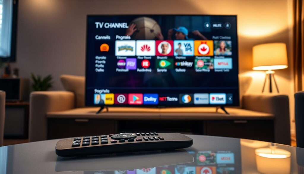 A modern, visually appealing IPTV channels guide displayed on a sleek digital interface, showcasing various TV channel icons and program listings. In the foreground, a high-resolution screen glows with vibrant colors, emphasizing popular Canadian TV channels. The middle layer features a stylized remote control, elegantly designed, lying on a polished coffee table beside the screen. In the background, a cozy living room ambience is created with warm lighting from a contemporary lamp and a stylish sofa, conveying a relaxed viewing atmosphere. The scene is well-composed, captured from a slightly elevated angle to provide a clear view of the screen and its colorful guide, creating an inviting and modern feel, perfect for tech-savvy viewers. A modern, visually appealing IPTV channels guide displayed on a sleek digital interface, showcasing various TV channel icons and program listings. In the foreground, a high-resolution screen glows with vibrant colors, emphasizing popular Canadian TV channels. The middle layer features a stylized remote control, elegantly designed, lying on a polished coffee table beside the screen. In the background, a cozy living room ambience is created with warm lighting from a contemporary lamp and a stylish sofa, conveying a relaxed viewing atmosphere. The scene is well-composed, captured from a slightly elevated angle to provide a clear view of the screen and its colorful guide, creating an inviting and modern feel, perfect for tech-savvy viewers.