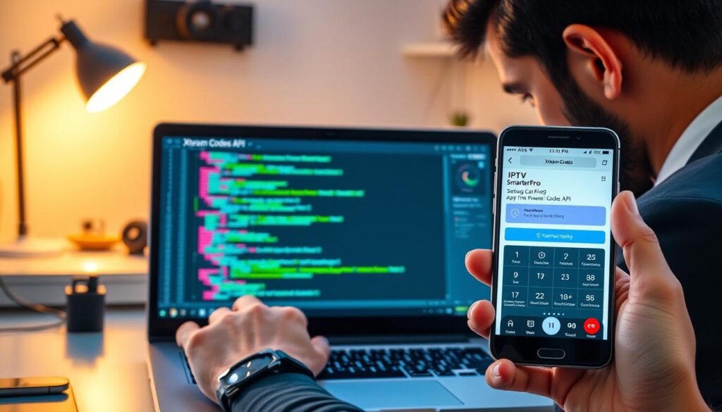 A modern workspace featuring a sleek laptop displaying the "Xtream Codes API" interface, with vibrant lines of code and a well-organized dashboard. In the foreground, a professional individual in business attire is focused on the laptop's screen, their hand poised above the keyboard, indicating engagement with the setup process. In the middle ground, a smartphone shows the IPTV Smarters Pro application interface, highlighting its intuitive design and ease of use. The background has soft-focus elements like tech gadgets and a cozy office environment, illuminated by gentle, warm lighting to create a productive atmosphere. The overall mood is efficient and inviting, portraying a seamless installation experience. A modern workspace featuring a sleek laptop displaying the "Xtream Codes API" interface, with vibrant lines of code and a well-organized dashboard. In the foreground, a professional individual in business attire is focused on the laptop's screen, their hand poised above the keyboard, indicating engagement with the setup process. In the middle ground, a smartphone shows the IPTV Smarters Pro application interface, highlighting its intuitive design and ease of use. The background has soft-focus elements like tech gadgets and a cozy office environment, illuminated by gentle, warm lighting to create a productive atmosphere. The overall mood is efficient and inviting, portraying a seamless installation experience.