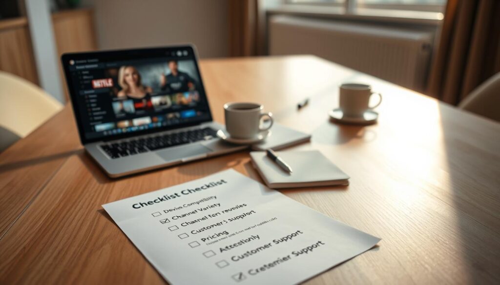 A neatly arranged checklist on a sleek wooden table, with an elegant modern design. In the foreground, the checklist features bullet points like "Device Compatibility," "Channel Variety," "Pricing," and "Customer Support," all presented in a clean and professional format. A laptop is open next to the checklist, displaying a streaming service, adding a tech-savvy vibe. In the middle ground, a stylish coffee cup and notepad lie beside the checklist, suggesting a thoughtful consideration process. The background showcases soft, natural lighting filtering through a large window, creating a warm, inviting atmosphere. The scene conveys a serious yet approachable mood, ideal for prospective IPTV buyers. A neatly arranged checklist on a sleek wooden table, with an elegant modern design. In the foreground, the checklist features bullet points like "Device Compatibility," "Channel Variety," "Pricing," and "Customer Support," all presented in a clean and professional format. A laptop is open next to the checklist, displaying a streaming service, adding a tech-savvy vibe. In the middle ground, a stylish coffee cup and notepad lie beside the checklist, suggesting a thoughtful consideration process. The background showcases soft, natural lighting filtering through a large window, creating a warm, inviting atmosphere. The scene conveys a serious yet approachable mood, ideal for prospective IPTV buyers.
