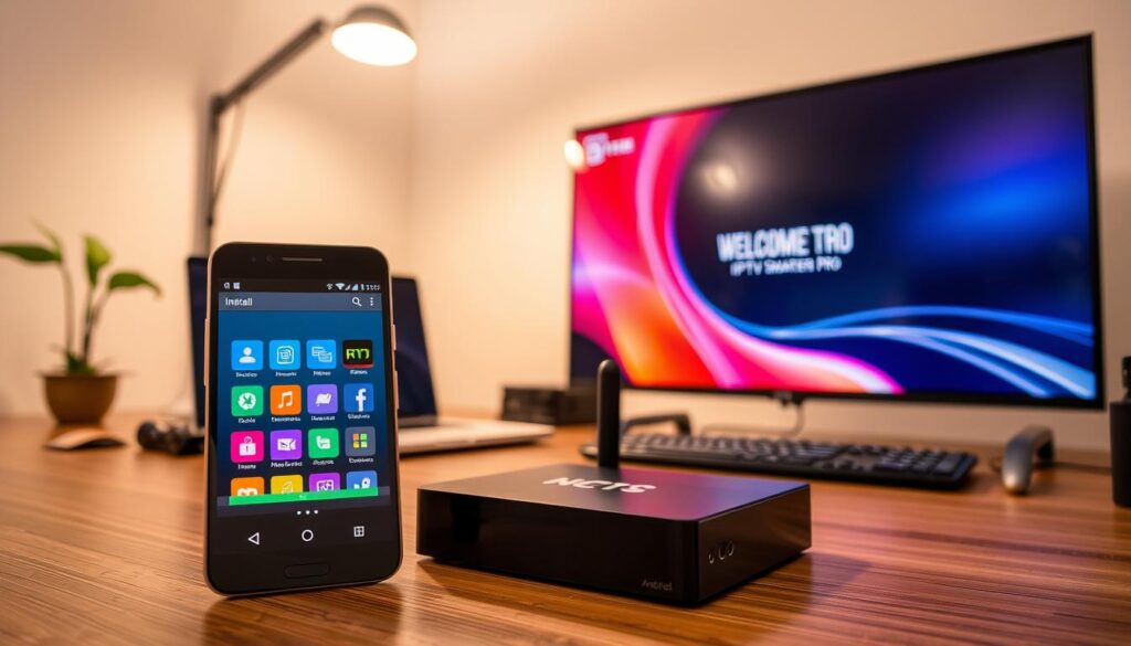 A serene home office setup showcasing the installation process of IPTV Smarters Pro on Android devices. In the foreground, a stylish Android smartphone displays the IPTV Smarters Pro app interface, with colorful app logos and a progress bar indicating installation. Beside it, a sleek Android TV box connected to a vibrant television screen shows the app's welcome screen. In the middle background, a tidy workspace with a laptop and a wireless keyboard enhances the tech-savvy atmosphere. Soft, warm lighting creates an inviting and focused mood, highlighting textures like the smartphone’s glass and the TV's sleek surface. The angle captures both devices prominently, emphasizing simplicity and ease of use in the installation process. A serene home office setup showcasing the installation process of IPTV Smarters Pro on Android devices. In the foreground, a stylish Android smartphone displays the IPTV Smarters Pro app interface, with colorful app logos and a progress bar indicating installation. Beside it, a sleek Android TV box connected to a vibrant television screen shows the app's welcome screen. In the middle background, a tidy workspace with a laptop and a wireless keyboard enhances the tech-savvy atmosphere. Soft, warm lighting creates an inviting and focused mood, highlighting textures like the smartphone’s glass and the TV's sleek surface. The angle captures both devices prominently, emphasizing simplicity and ease of use in the installation process.
