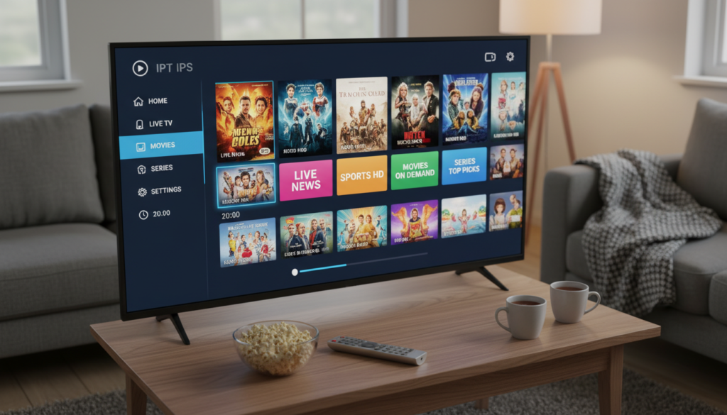 A sleek IPTV app interface displayed on a modern Smart TV in a cozy living room setting. The foreground features a close-up of the TV screen showcasing a vibrant, user-friendly IPTV interface, complete with colorful thumbnails of streaming content. In the middle ground, a stylish coffee table holds a remote control and snacks, adding a homely atmosphere. The background displays a well-lit, inviting living room with soft sofas and warm lighting, creating a relaxed vibe. The scene is captured from a slightly elevated angle to emphasize the screen while soft-focus blurs the surroundings, enhancing the viewer's focus on the IPTV app. The overall mood is calm and engaging, suggesting an enjoyable streaming experience. A sleek IPTV app interface displayed on a modern Smart TV in a cozy living room setting. The foreground features a close-up of the TV screen showcasing a vibrant, user-friendly IPTV interface, complete with colorful thumbnails of streaming content. In the middle ground, a stylish coffee table holds a remote control and snacks, adding a homely atmosphere. The background displays a well-lit, inviting living room with soft sofas and warm lighting, creating a relaxed vibe. The scene is captured from a slightly elevated angle to emphasize the screen while soft-focus blurs the surroundings, enhancing the viewer's focus on the IPTV app. The overall mood is calm and engaging, suggesting an enjoyable streaming experience.