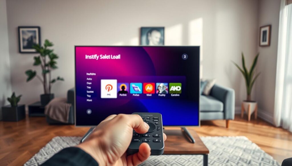 A sleek Samsung Smart TV is prominently displayed in a cozy living room setting, showcasing the vibrant IPTV app installation screen. The foreground features a person's hands interacting with the remote control, highlighting the installation process, with a clear focus on the TV screen displaying the IPTV app selection menu. In the middle ground, a stylish modern couch and a coffee table can be seen, adding warmth to the atmosphere. Soft, natural light filters in through a nearby window, creating a welcoming ambiance. The background shows subtle decorative elements, like a potted plant and framed pictures on the wall. The overall mood is inviting and tech-savvy, perfect for a practical installation guide. A sleek Samsung Smart TV is prominently displayed in a cozy living room setting, showcasing the vibrant IPTV app installation screen. The foreground features a person's hands interacting with the remote control, highlighting the installation process, with a clear focus on the TV screen displaying the IPTV app selection menu. In the middle ground, a stylish modern couch and a coffee table can be seen, adding warmth to the atmosphere. Soft, natural light filters in through a nearby window, creating a welcoming ambiance. The background shows subtle decorative elements, like a potted plant and framed pictures on the wall. The overall mood is inviting and tech-savvy, perfect for a practical installation guide.
