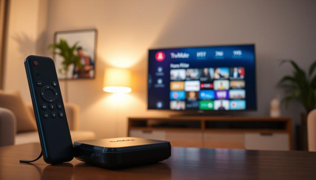 A sleek TiviMate IPTV player displayed prominently in the foreground, featuring its remote control beside it. The player has a modern, compact design with smooth edges and a glossy black finish. In the middle ground, a vibrant Home screen of TiviMate appears on a high-definition TV, showcasing various channel options and a user-friendly interface. The background is a cozy living room setting with soft ambient lighting, perhaps from a nearby lamp, creating a warm and inviting atmosphere. The image is captured at eye-level, emphasizing the practicality of the device for Canadian users. The overall mood is casual yet sophisticated, reflecting the ease of use and appeal of TiviMate for Firestick users. A sleek TiviMate IPTV player displayed prominently in the foreground, featuring its remote control beside it. The player has a modern, compact design with smooth edges and a glossy black finish. In the middle ground, a vibrant Home screen of TiviMate appears on a high-definition TV, showcasing various channel options and a user-friendly interface. The background is a cozy living room setting with soft ambient lighting, perhaps from a nearby lamp, creating a warm and inviting atmosphere. The image is captured at eye-level, emphasizing the practicality of the device for Canadian users. The overall mood is casual yet sophisticated, reflecting the ease of use and appeal of TiviMate for Firestick users.