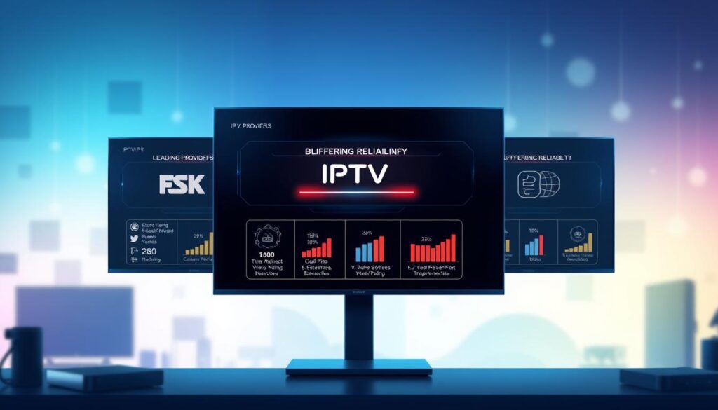 A sleek and modern IPTV provider comparison chart displayed against a bright, tech-themed background. In the foreground, three distinct sections represent leading IPTV providers, each filled with infographic-style visual elements illustrating buffering reliability—using clear icons and simple graphs. In the middle, a digital interface with glowing accents and smooth gradients, creating a futuristic look. In the background, indistinct silhouettes of streaming devices and televisions fade into a gradient of soft blues and greens, evoking a sense of seamless connectivity. Soft, even lighting highlights the chart, enhancing clarity and professionalism. The atmosphere is informative and engaging, aimed at technology-savvy readers looking for efficient solutions. The image should be free of text or branding, focusing entirely on the visual comparison. A sleek and modern IPTV provider comparison chart displayed against a bright, tech-themed background. In the foreground, three distinct sections represent leading IPTV providers, each filled with infographic-style visual elements illustrating buffering reliability—using clear icons and simple graphs. In the middle, a digital interface with glowing accents and smooth gradients, creating a futuristic look. In the background, indistinct silhouettes of streaming devices and televisions fade into a gradient of soft blues and greens, evoking a sense of seamless connectivity. Soft, even lighting highlights the chart, enhancing clarity and professionalism. The atmosphere is informative and engaging, aimed at technology-savvy readers looking for efficient solutions. The image should be free of text or branding, focusing entirely on the visual comparison.