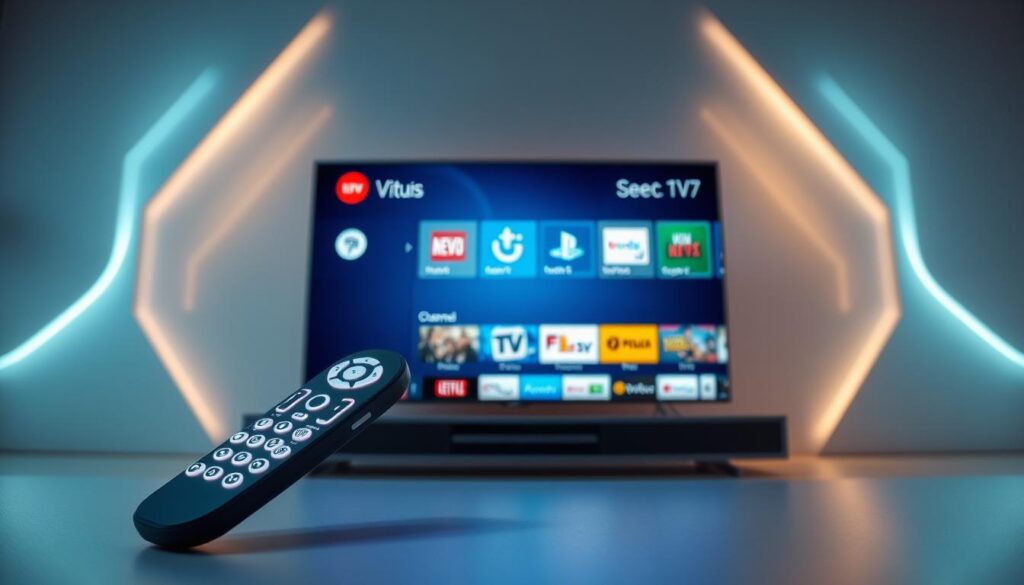 A sleek and modern user interface design for the Tivimate IPTV Player, showcasing intuitive navigation and customization features. In the foreground, display a stylized digital remote control with illuminated buttons representing various functionalities. The middle section should feature a vibrant TV screen displaying a clean layout of channels and categories, arranged in an organized manner with bold icons. The background can include abstract shapes and light patterns that suggest a high-tech atmosphere, while soft, focused lighting enhances the clarity of the interface elements. The overall mood is futuristic and user-friendly, inviting a sense of exploration and ease of use. Consider a slightly tilted angle to create depth, imbuing the image with dynamism and perspective. A sleek and modern user interface design for the Tivimate IPTV Player, showcasing intuitive navigation and customization features. In the foreground, display a stylized digital remote control with illuminated buttons representing various functionalities. The middle section should feature a vibrant TV screen displaying a clean layout of channels and categories, arranged in an organized manner with bold icons. The background can include abstract shapes and light patterns that suggest a high-tech atmosphere, while soft, focused lighting enhances the clarity of the interface elements. The overall mood is futuristic and user-friendly, inviting a sense of exploration and ease of use. Consider a slightly tilted angle to create depth, imbuing the image with dynamism and perspective.