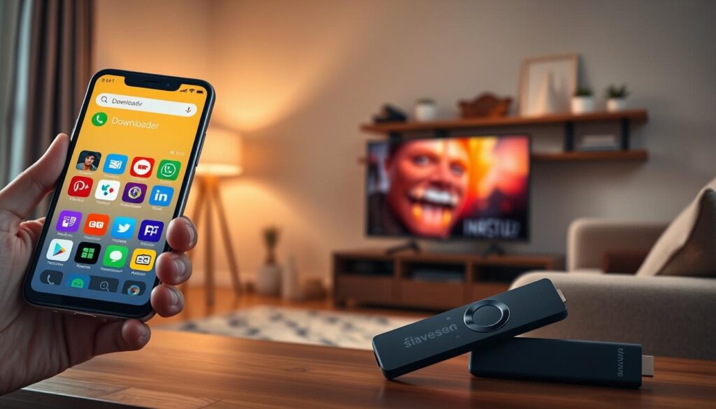A sleek image showcasing a smartphone displaying the Downloader app interface prominently in the foreground, featuring colorful app icons and a user-friendly layout. The middle ground includes a soft-focus view of an Amazon Firestick device connected to a flat-screen TV, with a cozy living room setup visible, including a comfortable couch and decorative shelves. The background highlights a warm, inviting ambiance with soft lighting, emphasizing a modern tech-savvy environment. The angle is slightly tilted to present depth, creating a dynamic perspective. The overall mood is efficient and engaging, encouraging viewers to easily understand the app installation process. The scene should be vibrant, professional, and clearly focused on the technology theme, without any text or distractions. A sleek image showcasing a smartphone displaying the Downloader app interface prominently in the foreground, featuring colorful app icons and a user-friendly layout. The middle ground includes a soft-focus view of an Amazon Firestick device connected to a flat-screen TV, with a cozy living room setup visible, including a comfortable couch and decorative shelves. The background highlights a warm, inviting ambiance with soft lighting, emphasizing a modern tech-savvy environment. The angle is slightly tilted to present depth, creating a dynamic perspective. The overall mood is efficient and engaging, encouraging viewers to easily understand the app installation process. The scene should be vibrant, professional, and clearly focused on the technology theme, without any text or distractions.