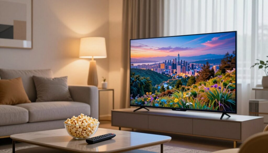 A sleek living room setting designed for optimal 4K IPTV viewing, featuring a large, modern smart TV displaying vibrant, high-definition visuals of nature and cityscapes. In the foreground, a stylish coffee table holds a remote control and a bowl of popcorn, inviting a cozy viewing experience. The middle ground showcases a comfortable sofa with plush cushions, adorned with warm, ambient lighting from elegantly designed lamps. The background reveals a well-decorated wall with art pieces and soft curtains that gently filter daylight, creating a relaxed atmosphere. The image should have soft focus on the living room elements while the TV screen remains crystal clear and eye-catching, evoking a sense of luxury and modern entertainment. The overall mood is inviting and high-tech, emphasizing the premium quality of 4K streaming. A sleek living room setting designed for optimal 4K IPTV viewing, featuring a large, modern smart TV displaying vibrant, high-definition visuals of nature and cityscapes. In the foreground, a stylish coffee table holds a remote control and a bowl of popcorn, inviting a cozy viewing experience. The middle ground showcases a comfortable sofa with plush cushions, adorned with warm, ambient lighting from elegantly designed lamps. The background reveals a well-decorated wall with art pieces and soft curtains that gently filter daylight, creating a relaxed atmosphere. The image should have soft focus on the living room elements while the TV screen remains crystal clear and eye-catching, evoking a sense of luxury and modern entertainment. The overall mood is inviting and high-tech, emphasizing the premium quality of 4K streaming.
