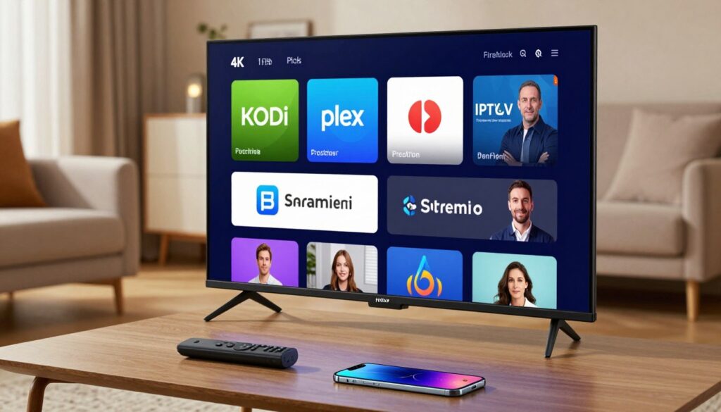 A sleek living room setting focusing on a vibrant 4K television displaying a split-screen comparison of various IPTV player interfaces tailored for Firestick. In the foreground, a modern coffee table showcases a Firestick remote and a high-end smartphone, hinting at user interaction. The middle section features the TV with clear, colorful graphics representing popular IPTV apps like Kodi, Plex, and Stremio, each with distinct logos and user interfaces. The background displays a cozy sofa with soft lighting creating a warm atmosphere, suggesting comfort and relaxation. Use soft, diffused lighting to enhance the inviting feel of the room, captured from a slightly elevated angle to show both the TV screen and the living space. The overall mood is informative yet inviting, aimed at helping viewers find their ideal IPTV solution. A sleek living room setting focusing on a vibrant 4K television displaying a split-screen comparison of various IPTV player interfaces tailored for Firestick. In the foreground, a modern coffee table showcases a Firestick remote and a high-end smartphone, hinting at user interaction. The middle section features the TV with clear, colorful graphics representing popular IPTV apps like Kodi, Plex, and Stremio, each with distinct logos and user interfaces. The background displays a cozy sofa with soft lighting creating a warm atmosphere, suggesting comfort and relaxation. Use soft, diffused lighting to enhance the inviting feel of the room, captured from a slightly elevated angle to show both the TV screen and the living space. The overall mood is informative yet inviting, aimed at helping viewers find their ideal IPTV solution.