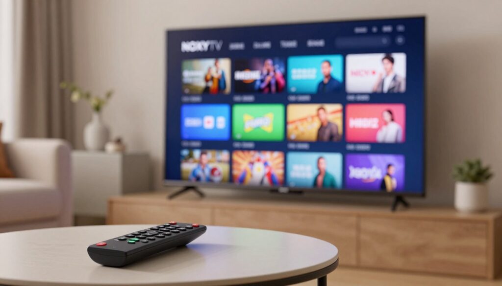 A sleek living room setting showcasing a modern television displaying a vibrant user interface for IPTV channel selection. In the foreground, a stylish remote control rests on a minimalist coffee table, hinting at user interactivity. The middle ground features the TV screen illuminated with colorful thumbnails representing various channels and on-demand content, including movies, sports, and entertainment categories. The background is softly blurred, revealing a cozy couch and decorative elements, contributing to a comfortable atmosphere. Soft ambient lighting enhances the inviting mood. The scene promotes a sense of excitement and ease of use, with the brand name "NOXYTV" subtly incorporated into the TV interface design, creating an engaging visual for streamers. A sleek living room setting showcasing a modern television displaying a vibrant user interface for IPTV channel selection. In the foreground, a stylish remote control rests on a minimalist coffee table, hinting at user interactivity. The middle ground features the TV screen illuminated with colorful thumbnails representing various channels and on-demand content, including movies, sports, and entertainment categories. The background is softly blurred, revealing a cozy couch and decorative elements, contributing to a comfortable atmosphere. Soft ambient lighting enhances the inviting mood. The scene promotes a sense of excitement and ease of use, with the brand name "NOXYTV" subtly incorporated into the TV interface design, creating an engaging visual for streamers.