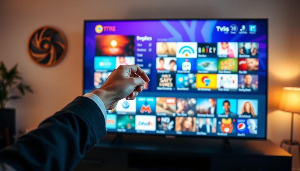 A sleek, modern EPG (Electronic Program Guide) interface displayed on a high-resolution screen, showcasing a vibrant grid of colorful channel listings and program details. In the foreground, the screen captures intricate icons and vivid thumbnails representing various TV shows and movies. In the middle, a hand, dressed in a smart casual attire, is seen scrolling through the programs using a remote control, emphasizing interactivity. The background features a cozy living room setting with warm lighting, creating an inviting atmosphere, with soft shadows adding depth. A slightly blurred TV unit complements the scene, focusing attention on the EPG interface. The overall mood is engaging and tech-savvy, reflecting the sophistication of the TiviMate IPTV Player. A sleek, modern EPG (Electronic Program Guide) interface displayed on a high-resolution screen, showcasing a vibrant grid of colorful channel listings and program details. In the foreground, the screen captures intricate icons and vivid thumbnails representing various TV shows and movies. In the middle, a hand, dressed in a smart casual attire, is seen scrolling through the programs using a remote control, emphasizing interactivity. The background features a cozy living room setting with warm lighting, creating an inviting atmosphere, with soft shadows adding depth. A slightly blurred TV unit complements the scene, focusing attention on the EPG interface. The overall mood is engaging and tech-savvy, reflecting the sophistication of the TiviMate IPTV Player.