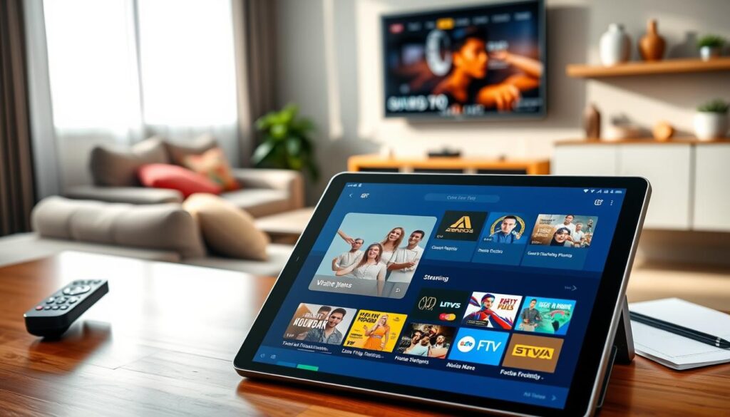 A sleek, modern interface of IPTV Smarters Pro displayed on a high-resolution tablet, showcasing vibrant streaming options and a user-friendly menu. In the foreground, the tablet is on a polished wooden desk, surrounded by a remote control and a notepad with notes. The middle layer features a stylish living room setting, with soft lighting that creates a warm and inviting atmosphere. A cozy sofa is visible, adorned with colorful cushions, while a large wall-mounted TV plays a sample content from IPTV Smarters Pro. The background includes a minimalist shelf with decorative elements, enhancing the tech-savvy vibe. The entire scene is illuminated by natural light from a window, evoking a sense of comfort and ease, ideal for a modern entertainment experience. A sleek, modern interface of IPTV Smarters Pro displayed on a high-resolution tablet, showcasing vibrant streaming options and a user-friendly menu. In the foreground, the tablet is on a polished wooden desk, surrounded by a remote control and a notepad with notes. The middle layer features a stylish living room setting, with soft lighting that creates a warm and inviting atmosphere. A cozy sofa is visible, adorned with colorful cushions, while a large wall-mounted TV plays a sample content from IPTV Smarters Pro. The background includes a minimalist shelf with decorative elements, enhancing the tech-savvy vibe. The entire scene is illuminated by natural light from a window, evoking a sense of comfort and ease, ideal for a modern entertainment experience.