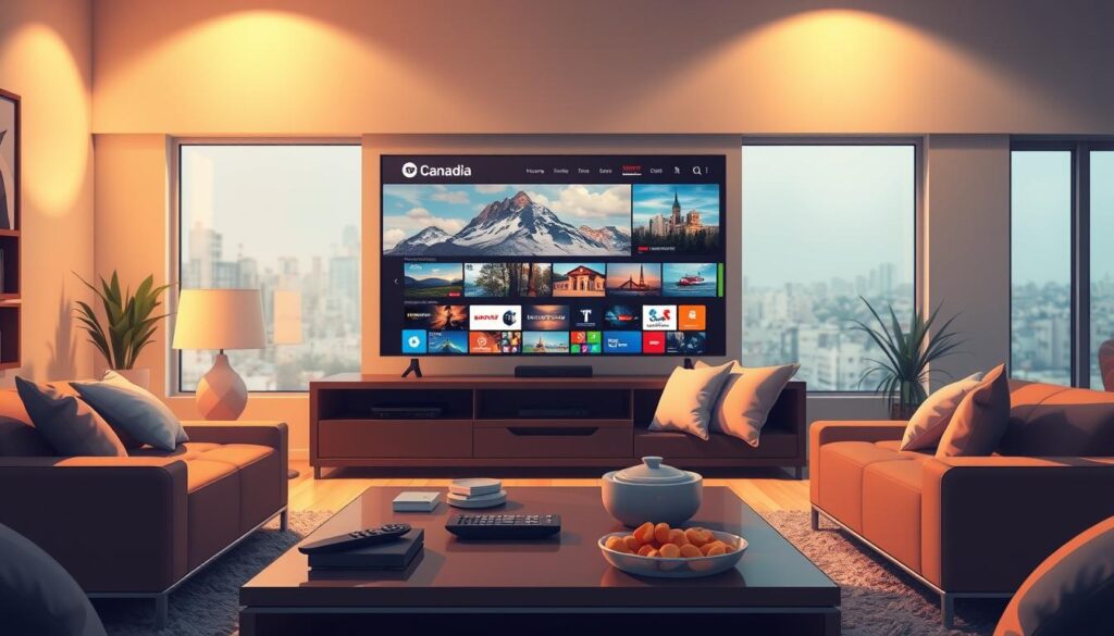 A sleek, modern living room featuring a large flat-screen TV displaying vibrant Canadian landscapes and popular TV shows, symbolizing Sonix IPTV service. In the foreground, a stylish coffee table with a remote control and snacks creates a cozy atmosphere. In the middle, a comfortable sofa is adorned with plush pillows, suggesting a welcoming space for family viewing. The background showcases a large window with natural light streaming in, enhancing the inviting mood. Warm lighting and a slightly blurred focus on the TV screen capture the essence of immersive entertainment. The scene conveys a sense of enjoyment and connection with Canadian culture, inviting viewers to engage with the IPTV service. A sleek, modern living room featuring a large flat-screen TV displaying vibrant Canadian landscapes and popular TV shows, symbolizing Sonix IPTV service. In the foreground, a stylish coffee table with a remote control and snacks creates a cozy atmosphere. In the middle, a comfortable sofa is adorned with plush pillows, suggesting a welcoming space for family viewing. The background showcases a large window with natural light streaming in, enhancing the inviting mood. Warm lighting and a slightly blurred focus on the TV screen capture the essence of immersive entertainment. The scene conveys a sense of enjoyment and connection with Canadian culture, inviting viewers to engage with the IPTV service.