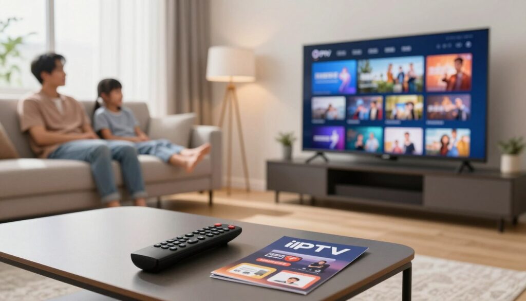 A sleek modern living room featuring a smart TV displaying a visually captivating interface showcasing various IPTV packages. In the foreground, a stylish coffee table holds a remote control and an IPTV subscription brochure. The middle ground includes a cozy couch with a family casually enjoying their favorite programs, all dressed in comfortable yet presentable clothing. The background highlights large windows inviting natural light, casting a warm atmosphere throughout the room. The lighting is bright but soft, enhancing the family-oriented feel. The composition uses a clean, contemporary lens perspective, creating an inviting scene that captures the essence of IPTV entertainment in a home setting. The mood is relaxed and engaging, perfect for illustrating smart TV usage. A sleek modern living room featuring a smart TV displaying a visually captivating interface showcasing various IPTV packages. In the foreground, a stylish coffee table holds a remote control and an IPTV subscription brochure. The middle ground includes a cozy couch with a family casually enjoying their favorite programs, all dressed in comfortable yet presentable clothing. The background highlights large windows inviting natural light, casting a warm atmosphere throughout the room. The lighting is bright but soft, enhancing the family-oriented feel. The composition uses a clean, contemporary lens perspective, creating an inviting scene that captures the essence of IPTV entertainment in a home setting. The mood is relaxed and engaging, perfect for illustrating smart TV usage.