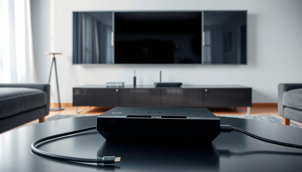 A sleek, modern living room featuring an Nvidia Shield streaming device prominently on a coffee table. In the foreground, show a slim HDMI cable connecting the device to a large, flat-screen TV, highlighting the connection. The middle ground should include a minimalist shelf with other tech gadgets, like a remote control and a wireless router, creating an organized tech setup. In the background, a soft-lit window allows natural light to flood the room, adding warmth and clarity. The scene should convey a sense of readiness and excitement for technology, with a cool color palette featuring shades of black, silver, and soft blue, evoking a modern yet inviting atmosphere. A sleek, modern living room featuring an Nvidia Shield streaming device prominently on a coffee table. In the foreground, show a slim HDMI cable connecting the device to a large, flat-screen TV, highlighting the connection. The middle ground should include a minimalist shelf with other tech gadgets, like a remote control and a wireless router, creating an organized tech setup. In the background, a soft-lit window allows natural light to flood the room, adding warmth and clarity. The scene should convey a sense of readiness and excitement for technology, with a cool color palette featuring shades of black, silver, and soft blue, evoking a modern yet inviting atmosphere.