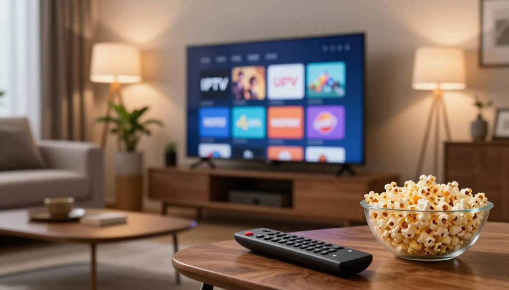 A sleek modern living room setting showcasing a high-definition television displaying various IPTV app logos. In the foreground, a stylish remote control rests on a wooden coffee table, next to a bowl of popcorn. The middle ground features a cozy sofa with plush cushions, inviting viewers to relax while enjoying content. A potted plant adds greenery, enhancing the atmosphere. The background reveals soft, ambient lighting from floor lamps, casting a warm glow that creates a welcoming mood. The scene is captured with a slight angle, emphasizing depth, while a shallow focus blurs the edges slightly, directing attention to the central TV display. The overall vibe is contemporary and tech-savvy, suited for advanced users. A sleek modern living room setting showcasing a high-definition television displaying various IPTV app logos. In the foreground, a stylish remote control rests on a wooden coffee table, next to a bowl of popcorn. The middle ground features a cozy sofa with plush cushions, inviting viewers to relax while enjoying content. A potted plant adds greenery, enhancing the atmosphere. The background reveals soft, ambient lighting from floor lamps, casting a warm glow that creates a welcoming mood. The scene is captured with a slight angle, emphasizing depth, while a shallow focus blurs the edges slightly, directing attention to the central TV display. The overall vibe is contemporary and tech-savvy, suited for advanced users.