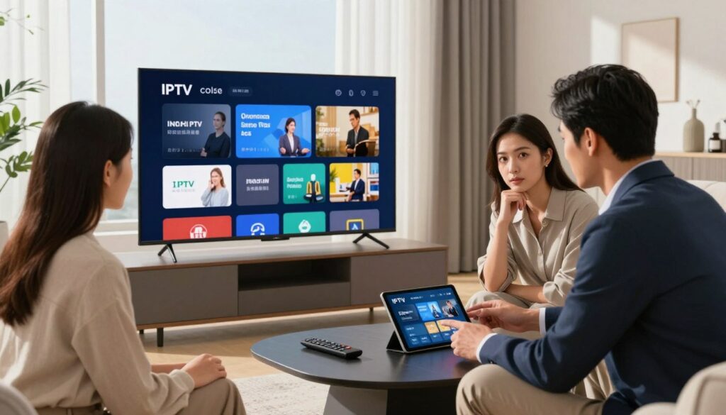 A sleek modern living room with a large flat-screen Smart TV displaying different IPTV service icons, with a remote control placed on a stylish coffee table. In the foreground, a couple in professional attire, a man and a woman, are discussing and comparing options on a tablet, displaying thoughtful expressions. The setting is well-lit with natural sunlight streaming through large windows, creating a warm and inviting atmosphere. In the background, stylish furniture and neutral-colored decor enhance the contemporary look. Soft shadows and highlights add depth, and a hint of greenery from indoor plants complements the room, making it a cozy yet tech-savvy space ideal for choosing an IPTV service. A sleek modern living room with a large flat-screen Smart TV displaying different IPTV service icons, with a remote control placed on a stylish coffee table. In the foreground, a couple in professional attire, a man and a woman, are discussing and comparing options on a tablet, displaying thoughtful expressions. The setting is well-lit with natural sunlight streaming through large windows, creating a warm and inviting atmosphere. In the background, stylish furniture and neutral-colored decor enhance the contemporary look. Soft shadows and highlights add depth, and a hint of greenery from indoor plants complements the room, making it a cozy yet tech-savvy space ideal for choosing an IPTV service.