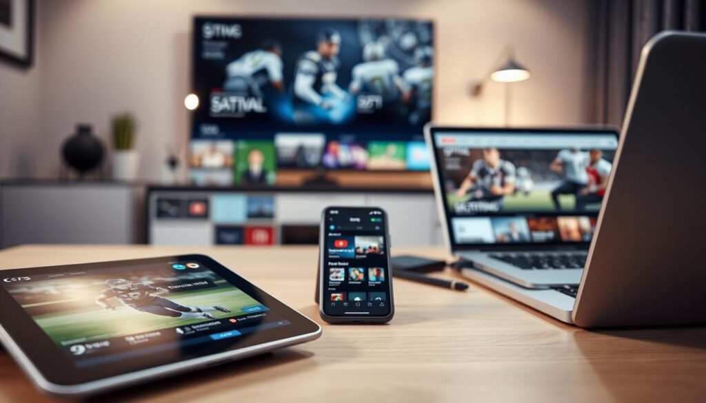 A sleek, modern workspace featuring an array of devices illustrating IPTV compatibility. In the foreground, showcase a stylish tablet, a smart television, and a laptop, all displaying various streaming apps related to sports. In the middle, a smartphone with a streaming service interface can be prominently featured. The background includes a subtle hint of a cozy living room setting with soft lighting creating a warm and inviting atmosphere. The lens angle is slightly low to give prominence to the devices. The overall mood conveys a sense of connectedness and technology seamlessly integrating into everyday life, highlighting the ease of access to Canadian IPTV services for sports enthusiasts. A sleek, modern workspace featuring an array of devices illustrating IPTV compatibility. In the foreground, showcase a stylish tablet, a smart television, and a laptop, all displaying various streaming apps related to sports. In the middle, a smartphone with a streaming service interface can be prominently featured. The background includes a subtle hint of a cozy living room setting with soft lighting creating a warm and inviting atmosphere. The lens angle is slightly low to give prominence to the devices. The overall mood conveys a sense of connectedness and technology seamlessly integrating into everyday life, highlighting the ease of access to Canadian IPTV services for sports enthusiasts.