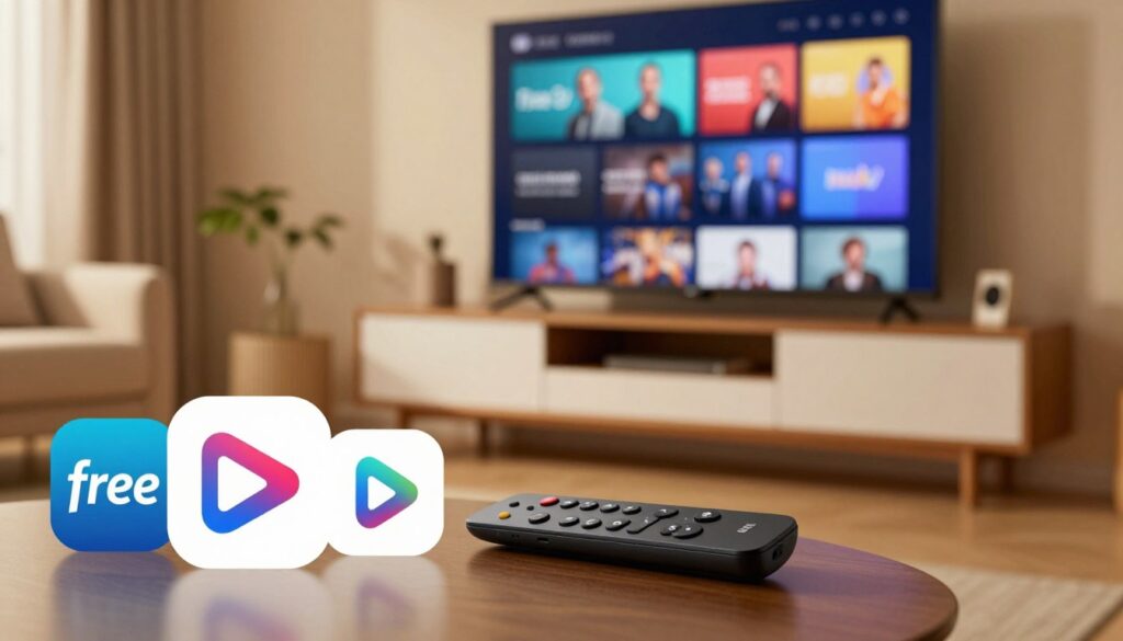 A vibrant comparison scene showcasing popular IPTV apps for Firestick in 2023. In the foreground, several app icons, such as a streaming logo symbolizing free and budget-friendly options, are artistically arranged in a sleek, modern style. The middle ground features a Firestick remote, elegantly designed, placed atop a stylish TV stand, with a dynamically lit television screen displaying colorful app interfaces. In the background, a cozy living room setting is illuminated by soft ambient lighting, creating an inviting atmosphere. Use a warm color palette to evoke a sense of comfort and accessibility, with a slightly blurred focus on the background to emphasize the foreground elements. Capture the scene with a dynamic angle that enhances depth and engagement. A vibrant comparison scene showcasing popular IPTV apps for Firestick in 2023. In the foreground, several app icons, such as a streaming logo symbolizing free and budget-friendly options, are artistically arranged in a sleek, modern style. The middle ground features a Firestick remote, elegantly designed, placed atop a stylish TV stand, with a dynamically lit television screen displaying colorful app interfaces. In the background, a cozy living room setting is illuminated by soft ambient lighting, creating an inviting atmosphere. Use a warm color palette to evoke a sense of comfort and accessibility, with a slightly blurred focus on the background to emphasize the foreground elements. Capture the scene with a dynamic angle that enhances depth and engagement.