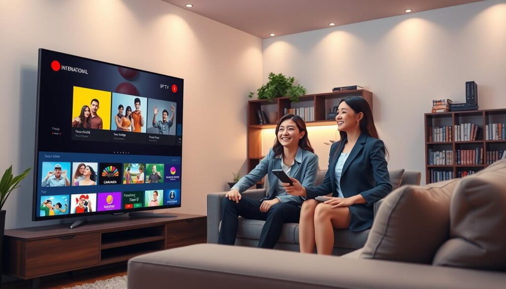 A vibrant, engaging scene showcasing the concept of international IPTV channels. In the foreground, a sleek, modern living room with a large flat-screen TV displaying various vibrant thumbnails from different international channels, featuring a mix of cultures. The middle layer includes a comfortable sofa with two professional individuals, one male and one female, both dressed in smart casual attire, happily discussing IPTV options while holding a remote control. In the background, soft ambient lighting highlights a stylish bookshelf filled with DVDs and books about international media. The overall mood is inviting and dynamic, emphasizing the diversity and quality of global content available through IPTV. The composition is well-lit, shot with a slightly wide angle to capture the entire atmosphere without any text or branding. A vibrant, engaging scene showcasing the concept of international IPTV channels. In the foreground, a sleek, modern living room with a large flat-screen TV displaying various vibrant thumbnails from different international channels, featuring a mix of cultures. The middle layer includes a comfortable sofa with two professional individuals, one male and one female, both dressed in smart casual attire, happily discussing IPTV options while holding a remote control. In the background, soft ambient lighting highlights a stylish bookshelf filled with DVDs and books about international media. The overall mood is inviting and dynamic, emphasizing the diversity and quality of global content available through IPTV. The composition is well-lit, shot with a slightly wide angle to capture the entire atmosphere without any text or branding.