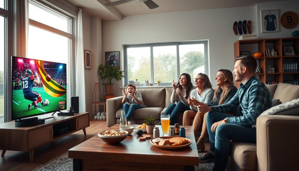 A vibrant living room scene showcasing a modern Canadian family joyfully engaging with IPTV services. In the foreground, a sleek television displays a live sports game, with vivid colors and dynamic action. Family members, dressed in casual, comfortable clothing, sit on a contemporary couch, eagerly watching and cheering. In the middle ground, a stylish coffee table is adorned with snacks and drinks, enhancing the cozy atmosphere. The background features large windows with natural light streaming in, creating a warm, inviting environment. The room is decorated with sports memorabilia, emphasizing the focus on sports streaming. The overall mood is lively, enthusiastic, and family-oriented, capturing the essence of Canadian sports fans embracing IPTV. Use soft, diffused lighting to create an inviting ambiance, showcasing the excitement of live sports streaming. A vibrant living room scene showcasing a modern Canadian family joyfully engaging with IPTV services. In the foreground, a sleek television displays a live sports game, with vivid colors and dynamic action. Family members, dressed in casual, comfortable clothing, sit on a contemporary couch, eagerly watching and cheering. In the middle ground, a stylish coffee table is adorned with snacks and drinks, enhancing the cozy atmosphere. The background features large windows with natural light streaming in, creating a warm, inviting environment. The room is decorated with sports memorabilia, emphasizing the focus on sports streaming. The overall mood is lively, enthusiastic, and family-oriented, capturing the essence of Canadian sports fans embracing IPTV. Use soft, diffused lighting to create an inviting ambiance, showcasing the excitement of live sports streaming.