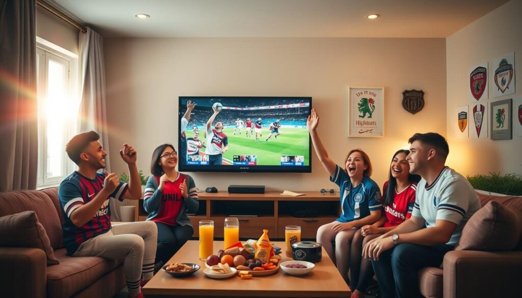 A vibrant living room with a large flat-screen TV displaying various sports channels, showcasing soccer, basketball, and hockey highlights. In the foreground, a family of four, dressed in comfortable sports jerseys, cheer enthusiastically. The middle ground features a stylish coffee table filled with snacks and drinks, while colorful team memorabilia decorates the background. Soft, warm lighting creates an inviting atmosphere, and a slight lens flare from the window adds a dynamic touch. The scene conveys excitement and camaraderie, emphasizing the joy of watching sports together. The overall mood is energetic and cheerful, encapsulating the essence of sports streaming in a cozy home setting. A vibrant living room with a large flat-screen TV displaying various sports channels, showcasing soccer, basketball, and hockey highlights. In the foreground, a family of four, dressed in comfortable sports jerseys, cheer enthusiastically. The middle ground features a stylish coffee table filled with snacks and drinks, while colorful team memorabilia decorates the background. Soft, warm lighting creates an inviting atmosphere, and a slight lens flare from the window adds a dynamic touch. The scene conveys excitement and camaraderie, emphasizing the joy of watching sports together. The overall mood is energetic and cheerful, encapsulating the essence of sports streaming in a cozy home setting.