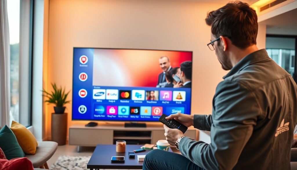 A vibrant modern living room setting featuring a sleek Samsung Smart TV displaying various IPTV app icons, showcasing a user-friendly interface. In the foreground, a user in smart casual clothing is interacting with the TV remote, focusing intently on the screen. The middle ground includes a cozy sofa with colorful cushions and a stylish coffee table adorned with a few tech gadgets and snacks. In the background, warm ambient lighting creates an inviting atmosphere, complemented by soft, diffused natural light streaming through large windows. The composition captures the essence of a seamless user experience with IPTV apps, emphasizing ease of use and comfort within a contemporary home environment. A vibrant modern living room setting featuring a sleek Samsung Smart TV displaying various IPTV app icons, showcasing a user-friendly interface. In the foreground, a user in smart casual clothing is interacting with the TV remote, focusing intently on the screen. The middle ground includes a cozy sofa with colorful cushions and a stylish coffee table adorned with a few tech gadgets and snacks. In the background, warm ambient lighting creates an inviting atmosphere, complemented by soft, diffused natural light streaming through large windows. The composition captures the essence of a seamless user experience with IPTV apps, emphasizing ease of use and comfort within a contemporary home environment.