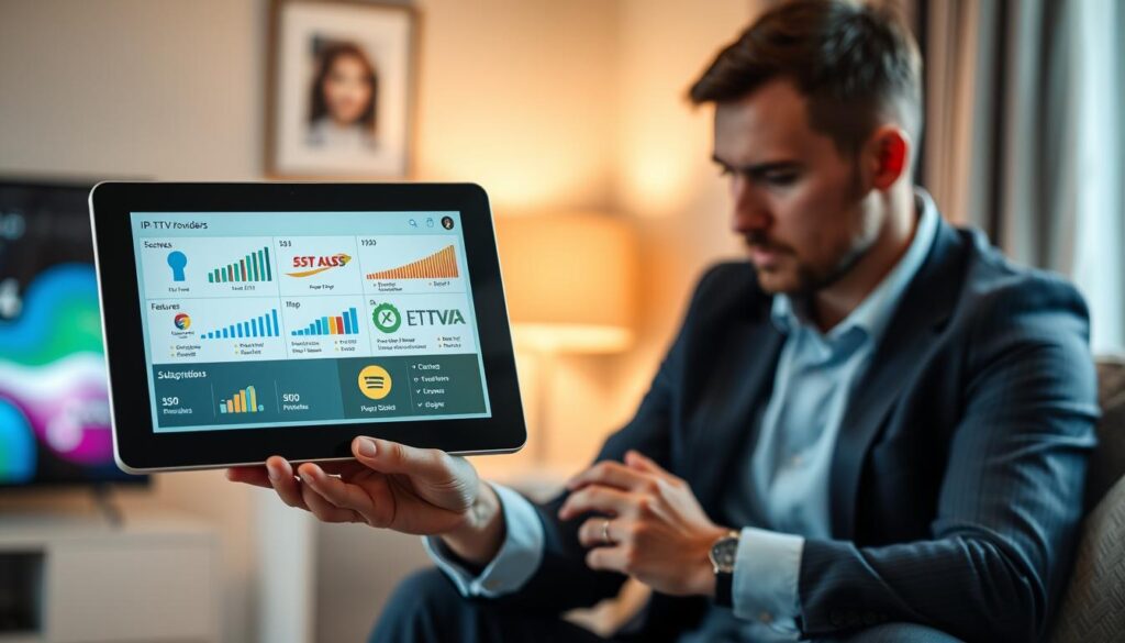 A visual representation of IPTV service comparison, featuring a sleek digital interface displayed on a modern tablet in the foreground. The tablet shows graphs and icons representing various IPTV providers, highlighting subscription plans and features. In the middle ground, a professional in smart casual attire studies the tablet, focused and engaged in the evaluation process. In the background, a blurred home environment suggests comfort, with a soft glow from a nearby lamp creating a warm atmosphere. The lighting is soft and diffused, enhancing the clarity of the screen without reflections. The overall mood is analytical yet inviting, emphasizing the meticulous nature of evaluating IPTV options. A visual representation of IPTV service comparison, featuring a sleek digital interface displayed on a modern tablet in the foreground. The tablet shows graphs and icons representing various IPTV providers, highlighting subscription plans and features. In the middle ground, a professional in smart casual attire studies the tablet, focused and engaged in the evaluation process. In the background, a blurred home environment suggests comfort, with a soft glow from a nearby lamp creating a warm atmosphere. The lighting is soft and diffused, enhancing the clarity of the screen without reflections. The overall mood is analytical yet inviting, emphasizing the meticulous nature of evaluating IPTV options.