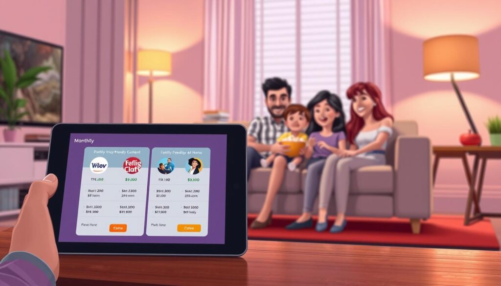 A visually appealing digital illustration depicting a monthly pricing plan for an IPTV subscription. In the foreground, a sleek, modern tablet displaying a vibrant user interface with clear pricing options outlined, featuring icons and visuals of family-friendly content. In the middle ground, a cozy living room setting with a family enjoying quality time together, sitting on a stylish couch with a bowl of popcorn, engaged in watching a movie. The background should showcase a softly lit room, with warm lighting coming from a lamp, creating an inviting atmosphere. Use a wide-angle lens perspective to capture the entire scene beautifully, emphasizing the connection between affordable entertainment and family enjoyment. The mood is cheerful and relaxed, highlighting the value of having endless fun at home. A visually appealing digital illustration depicting a monthly pricing plan for an IPTV subscription. In the foreground, a sleek, modern tablet displaying a vibrant user interface with clear pricing options outlined, featuring icons and visuals of family-friendly content. In the middle ground, a cozy living room setting with a family enjoying quality time together, sitting on a stylish couch with a bowl of popcorn, engaged in watching a movie. The background should showcase a softly lit room, with warm lighting coming from a lamp, creating an inviting atmosphere. Use a wide-angle lens perspective to capture the entire scene beautifully, emphasizing the connection between affordable entertainment and family enjoyment. The mood is cheerful and relaxed, highlighting the value of having endless fun at home.